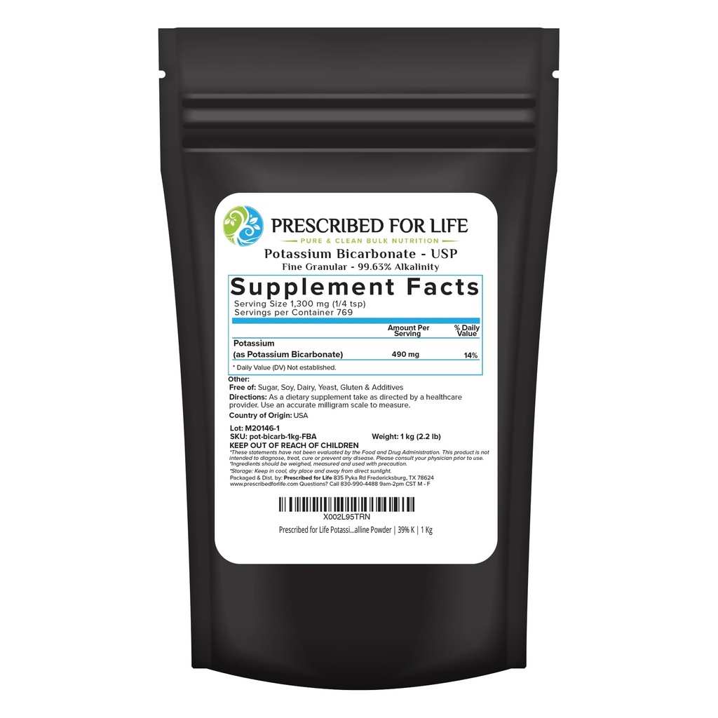 Prescribed for Life Potassium Bicarbonate Powder, Pure USP & Food Grade Potassium Bicarbonate for Plants, Winemaking, & Baking, Crystalline Powder, 39% K (1kg / 2.2lb)