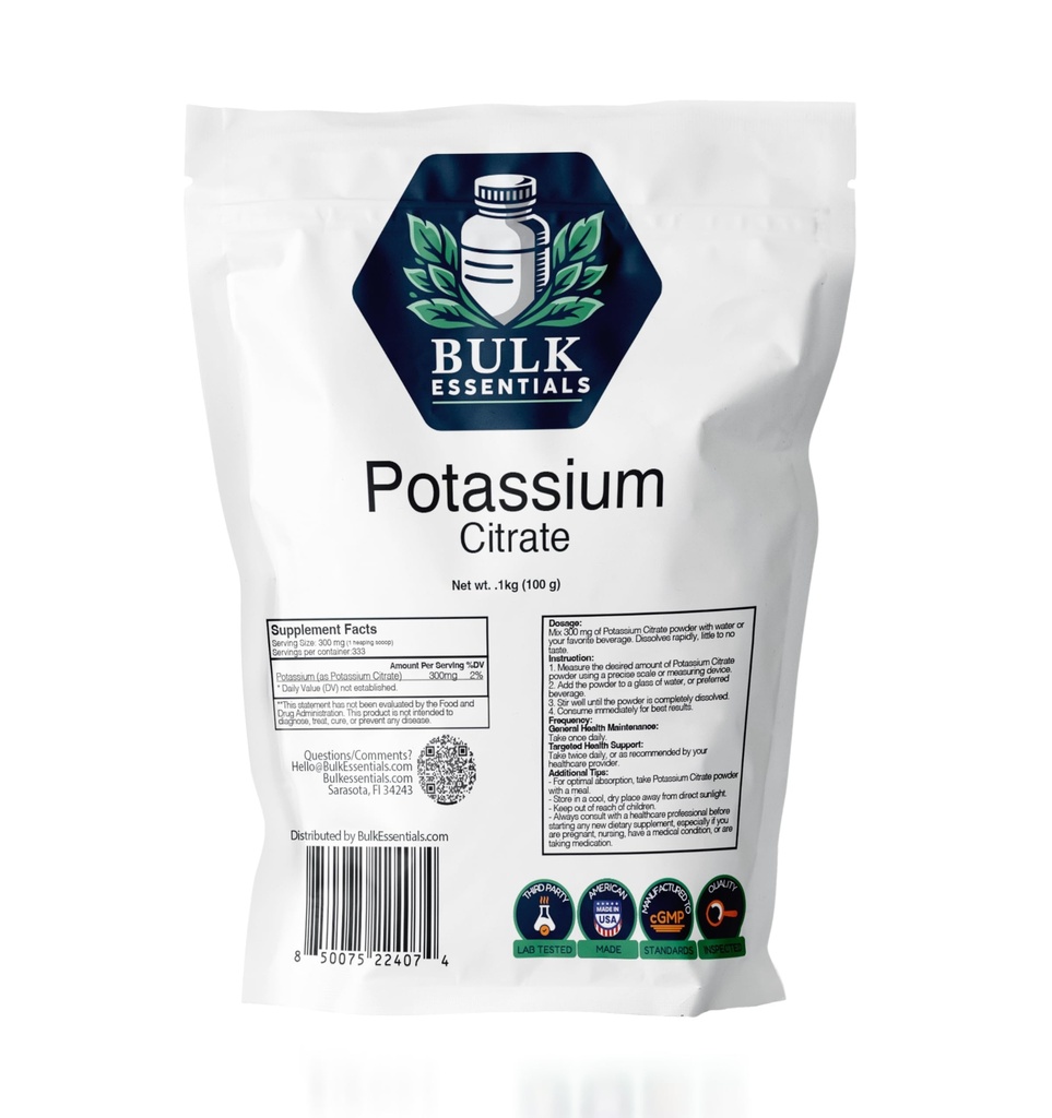 Potassium Citrate Supplement – 100g Pure Powder for Muscle Electrolyte Support – USA Made, Non-GMO & Gluten Free – Potassium Supplement 300mg Per Serving