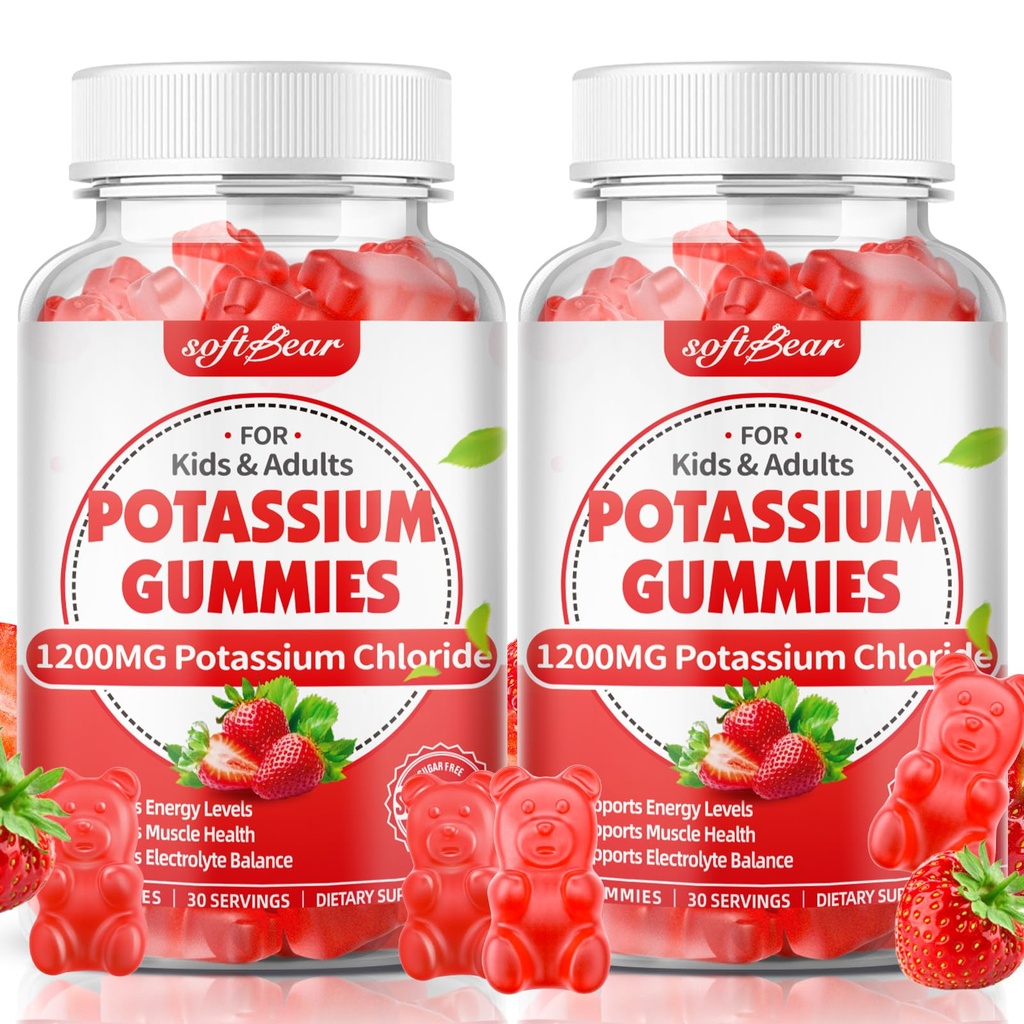 softbear Potassium Gummies for Adults, Sugar Free Potassium Chloride Gummies 1200mg Support Leg Cramps & Electrolyte Balance High Potency Potassium Supplement, Strawberry Flavor 120 Count