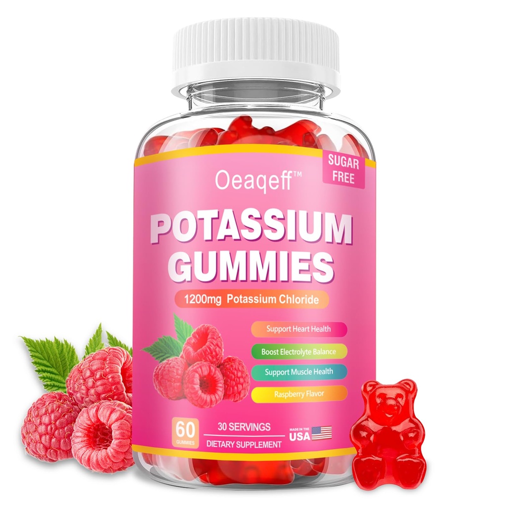 Potassium Gummies, Potassium Chloride, Sugar-Free Potassium Supplement Gummies Support Electrolyte Balance & Leg Cramps for Women & Men, Raspberry Flavor, 60 Count (1)