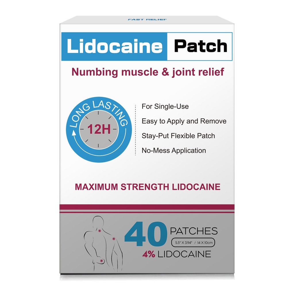 4% Lidocaine Pain Relief Patches | Maximum Strength Numbing Gel Patch for Back, Neck, Knee, Shoulder & Joint Pain | Up to 12 Hour Temporary Relief | 260301-1 - 40 Count