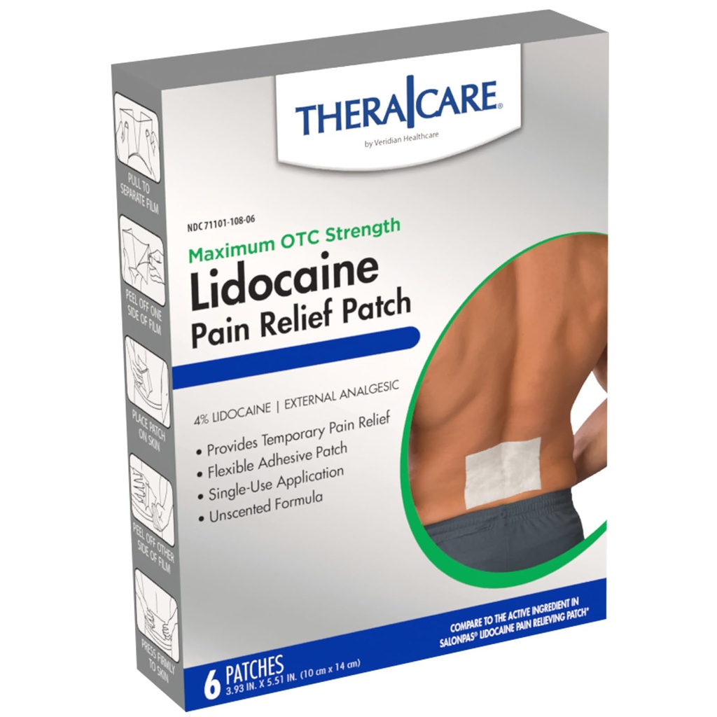 Thera|Care Maximum Strength OTC Pain Relief Patch | 4% Lidocaine Patch | 3.9” x 5.5” | 6-Count Box