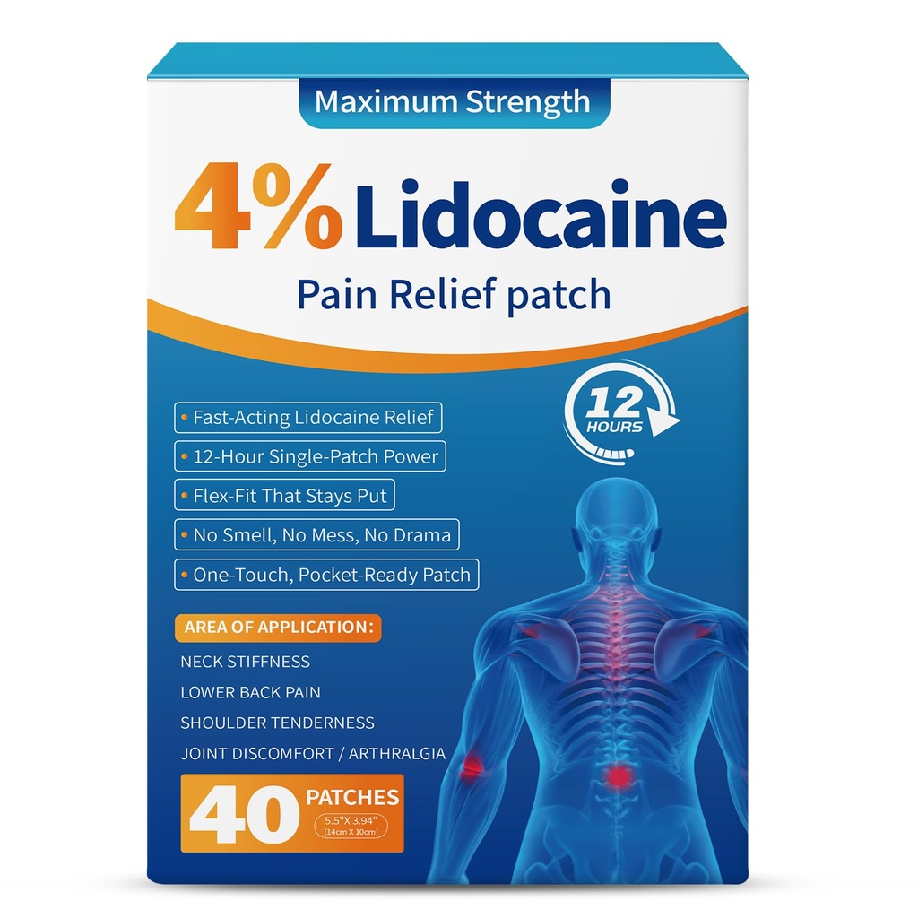 4% Lidocaine Pain Relief Patches – Maximum Strength Pain Patches, 12-Hour Long-Lasting Relief for Back, Neck, Shoulder & Joint Pain, Fast-Acting,–40 Count (5.5” x 3.94”)