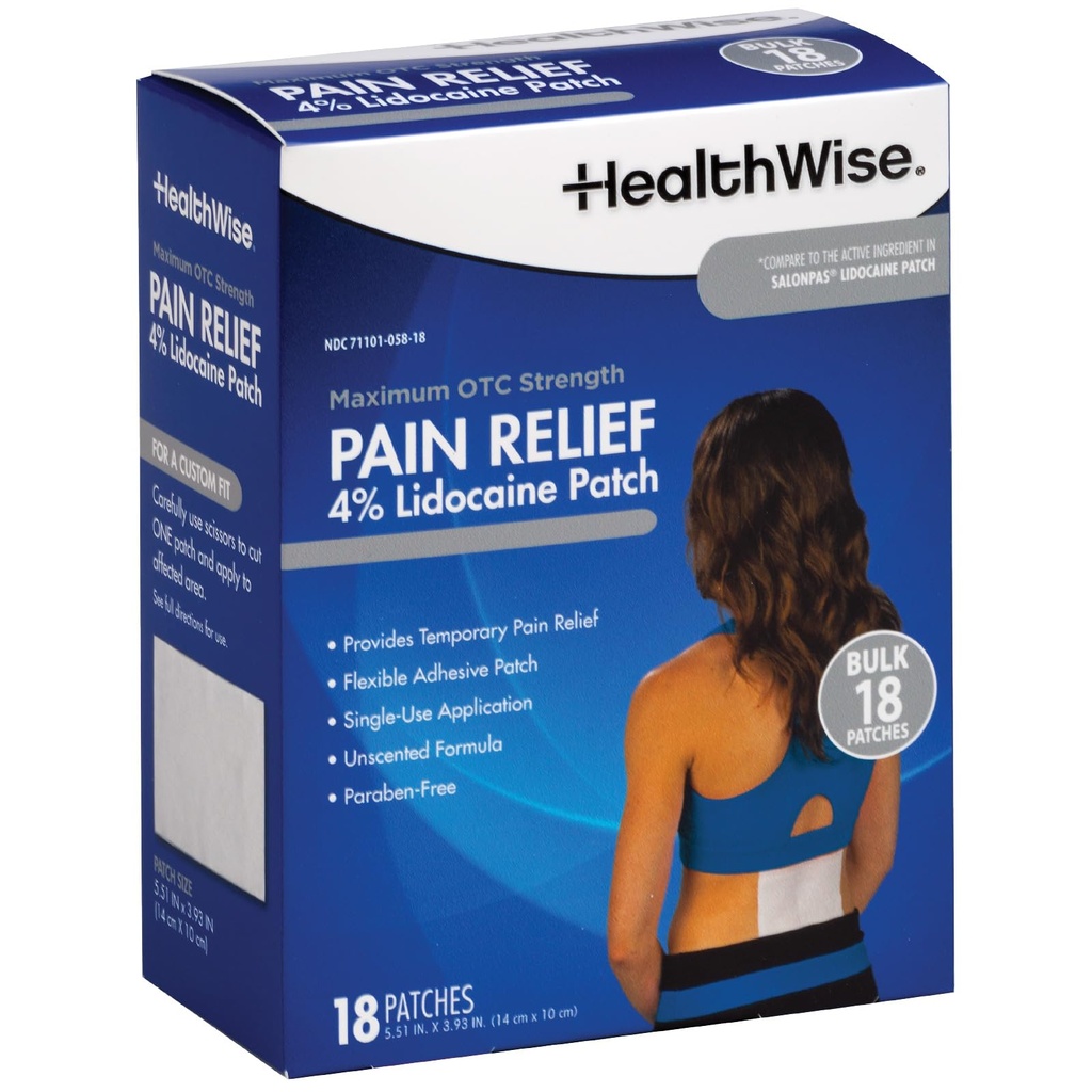 HealthWise Lidocaine Pain Patch | 4% OTC Lidocaine | 18-Count | Paraben-Free Formula | Temporarily Soothes Minor Aches and Pains | Unscented | Flexible Application
