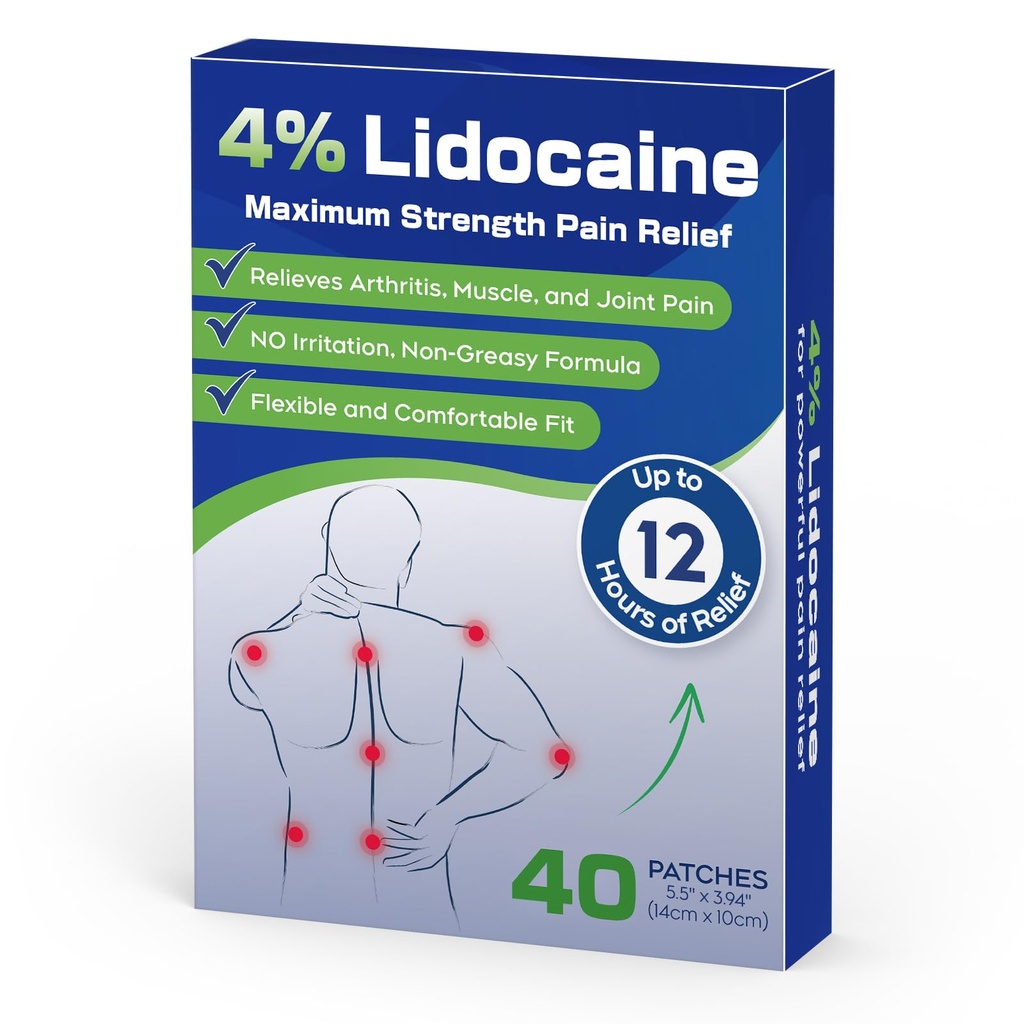 Uposiut Lidocaine 4% Patches, Extra Strength Lidocaine Patches, for Neck, Shoulder, Back, Knee, and Ankle Muscles, 12-Hour Effectiveness Lidocaine- MR18 (40 Patches)