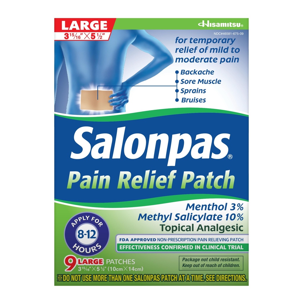 Salonpas Pain Relief Patch, 9 Count Large (Pack of 1), Up to 12 Hours Temporary Relief of Mild to Moderate Pain, Backache, Sore Muscle, Sprains, Bruises