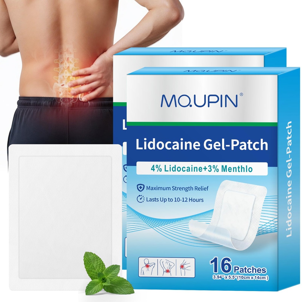 32Pcs Lidocaine Patches, 4% Lidocaine & 3% Menthol - Maximum Strength, Waterproof Patch with Auxiliary Adhesive Layer (24 Non-Woven + 8 PU Film) for Back, Neck, Shoulder, Joint & Muscle Discomfort