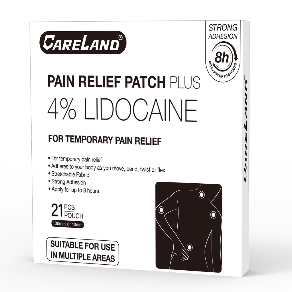 CARELAND 4% Lidocaine Patches Maximum Strength, 21 Count (10cm x 14cm) - OTC Pain Relief Patches with Stronger Adhesion for Back, Shoulder, Knee, Large Size