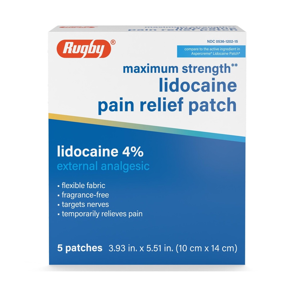 Rugby Maximum Strength 4% Lidocaine Pain Relief Patch - Topical Anesthetic Patches, Flexible, Odor Free, Single Use - 5 Count