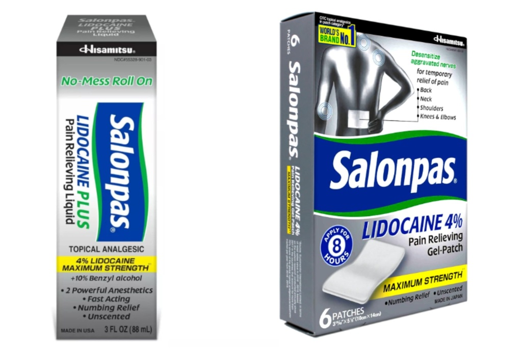 Salonpas LIDOCAINE Gel-Patch and LIDOCAINE Plus 3 oz ROLL ON Pain Relieving Liquid! Bundle Pack