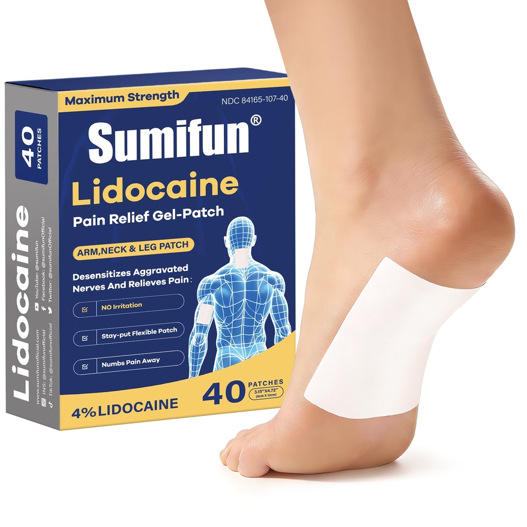 Sumifun 4% Lidocaine Patches - Plantar Fasciitis Relief, Foot & Neck & Arm & Small Pain Areas - Maximum OTC Strength - Stays in Place (Small, Count, 40)