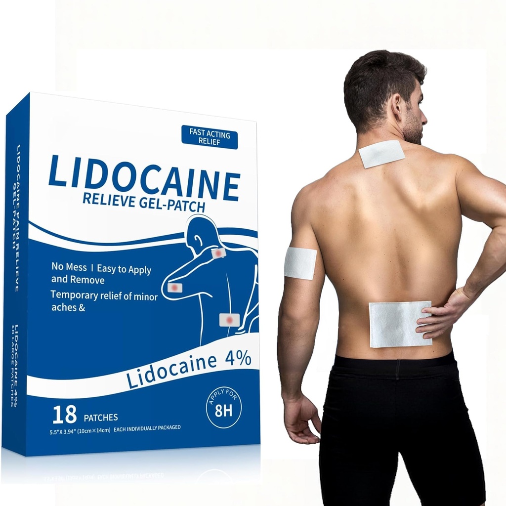 Lidocaine Patches, 18 Count Pain Relief Gel Patches Maximum Strength for Back Knee Neck Joint Muscle, 4% Lidocaine Pain Relieving Patch Extra Strength