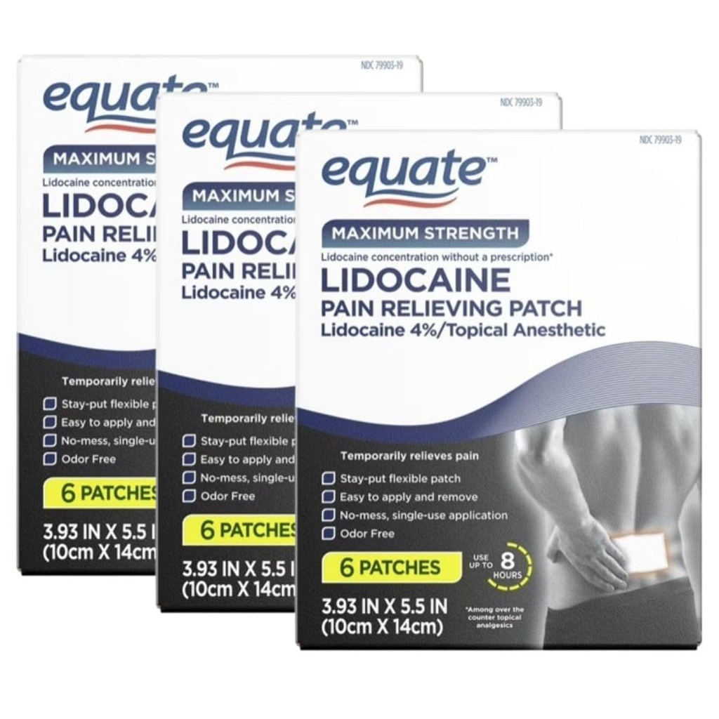 Equate Maximum Strength Lidocaine 4% Pain Relieving Patches 3 Pack (18 Total Patches) Up to 8 Hours Relief Odor Free Stay-Put Flexible Patch Topical Anesthetic for Back, Neck, Shoulder & Joint Pain