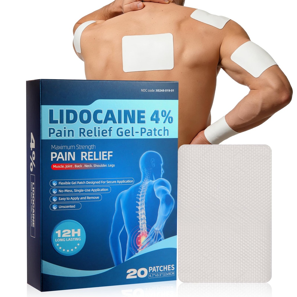 Pain Relief Patches Lidocaine 4% Maximum Strength (20 Patches)- 12 Hours Ice Pain Relieving Patch,Flexible Back Pain Relief Gel Patches for Knee Muscle Neck Shoulder Hand-1PACK