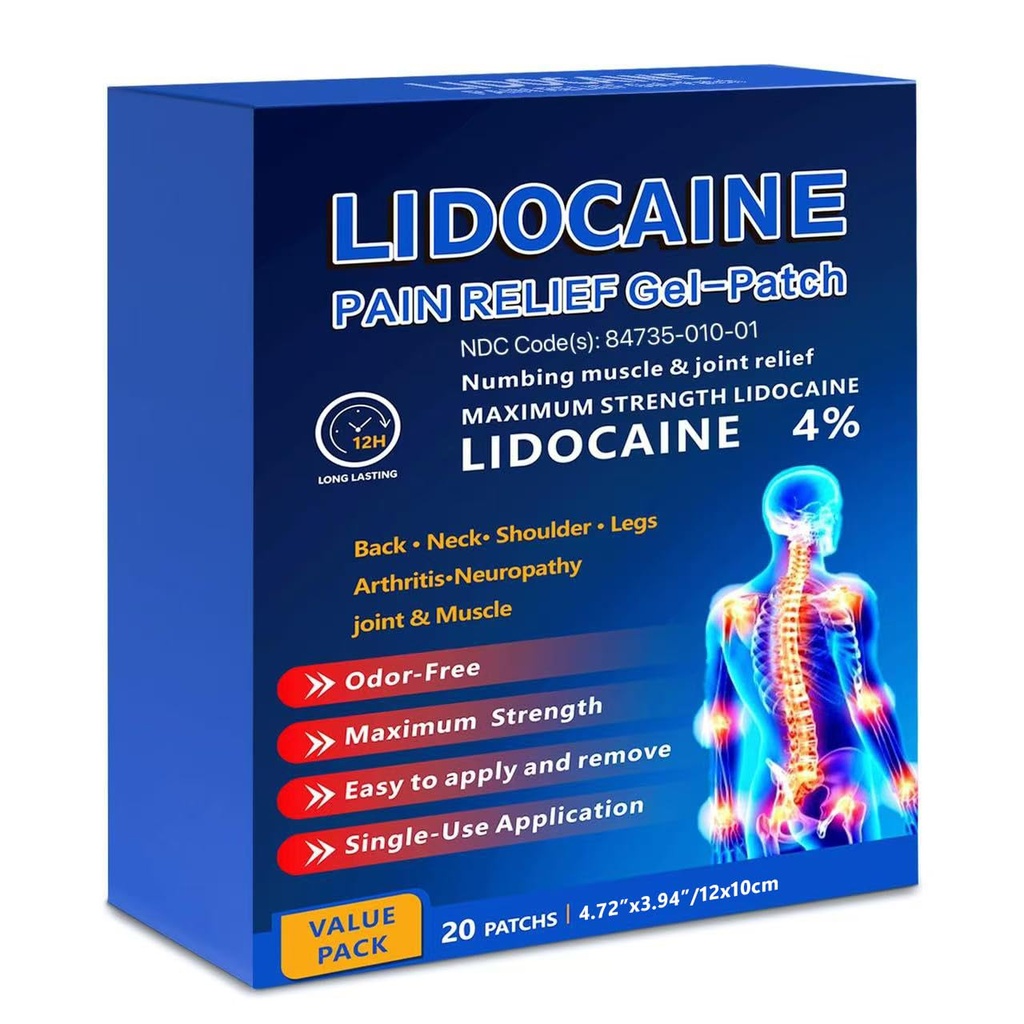 Professional Lidocaine Pain Relief Patches - 20 Count | 4% Medicated Gel Patches for Targeted Joint & Muscle Comfort | Long-Lasting 12-Hour Relief, Ultra-Flexible Design -lb0592