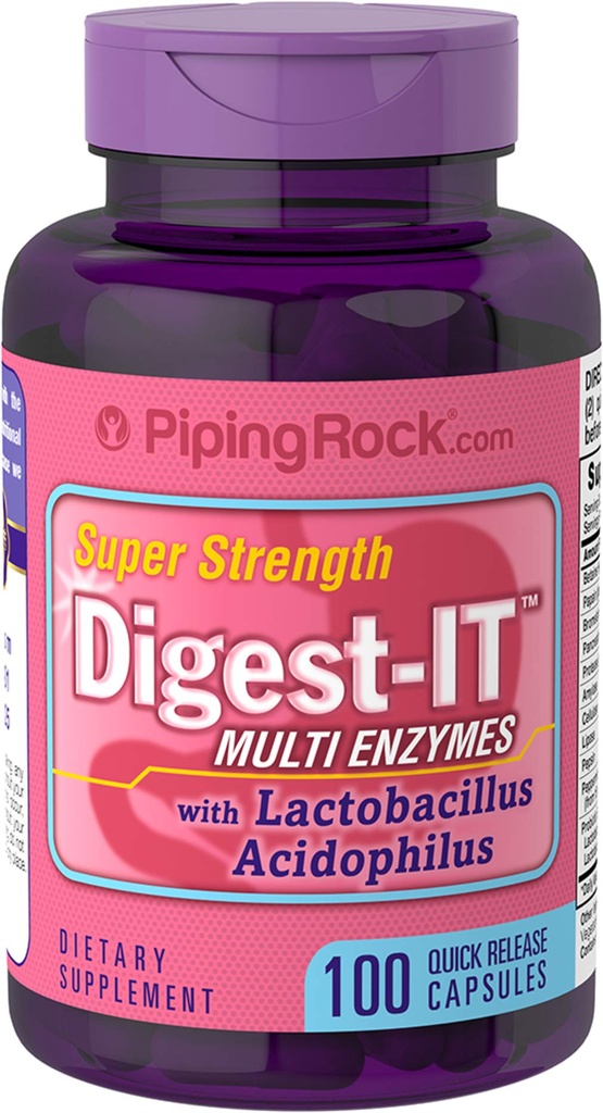 Piping Rock Digestive Enzymes for Women and Men | 100 Capsules | 4 Billion CFU | Multi Supplement with Probiotics and Prebiotics | Extra Strength Pills | Non-GMO, Gluten Free