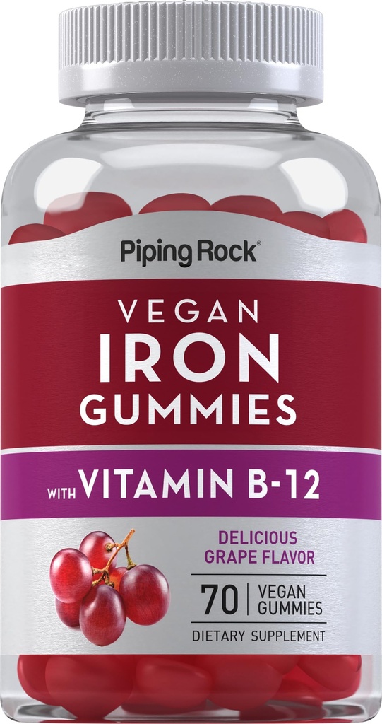 Piping Rock Vegan Iron Gummies Supplement | 70 Count | with Vitamin B-12 | Delicious Grape Flavor | Non-GMO, Gluten Free