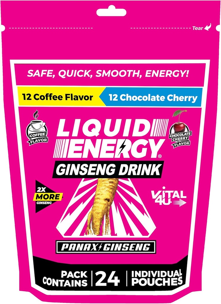 VITAL 4U Liquid Energy Shot - coffee, Chocolate Cherry Combo Pack, Ginseng, B Vitamins, Naturally Sweetened, 24 ct