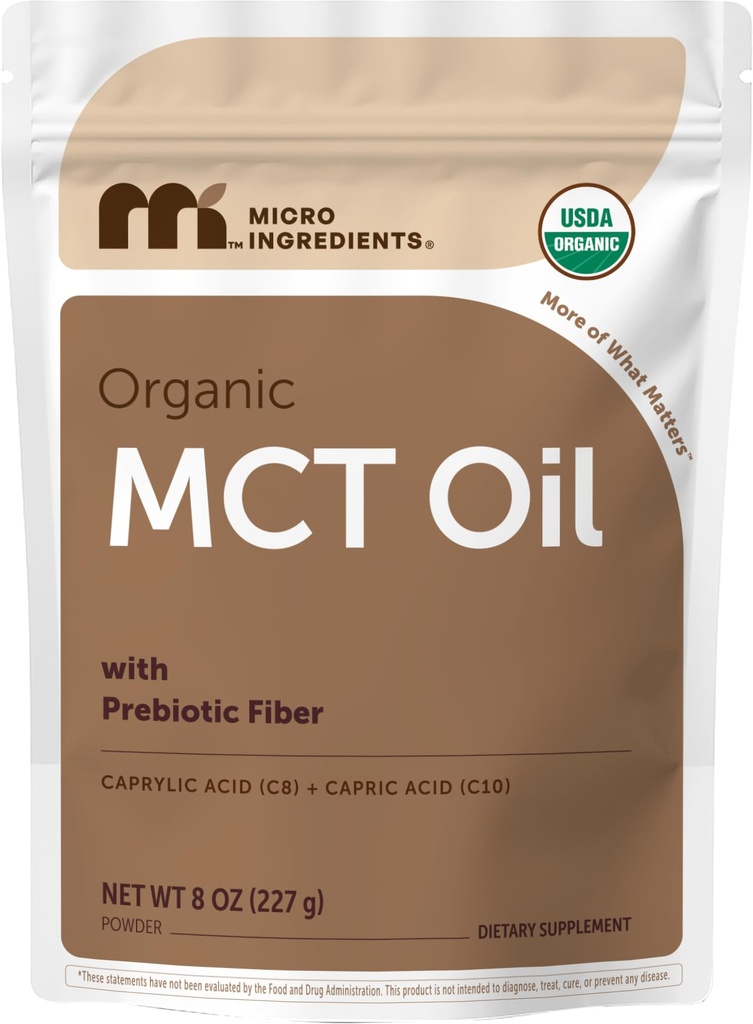 Micro Ingredients Organic MCT Oil Powder with Prebiotic Fiber, 8 oz | C8 MCT Oil for Coffee Creamer | No GMOs, Keto Diet, Vegan