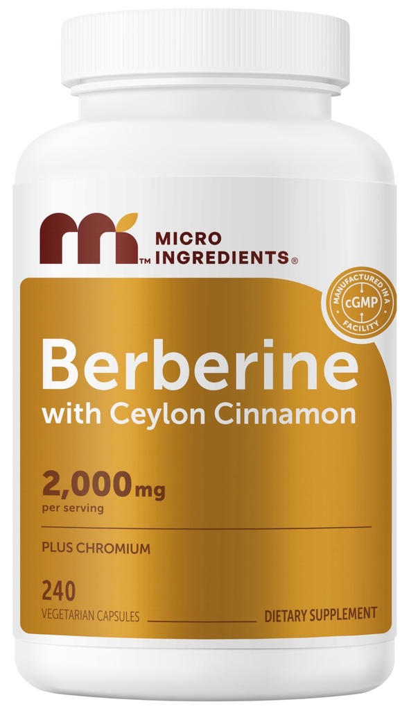 Micro Ingredients Berberine with Ceylon Cinnamon 2,000 mg Per Serving, 240 Vegetarian Capsules | Berberine Supplement with Chromium Picolinate & Ceylon Cinnamon | Non-GMO