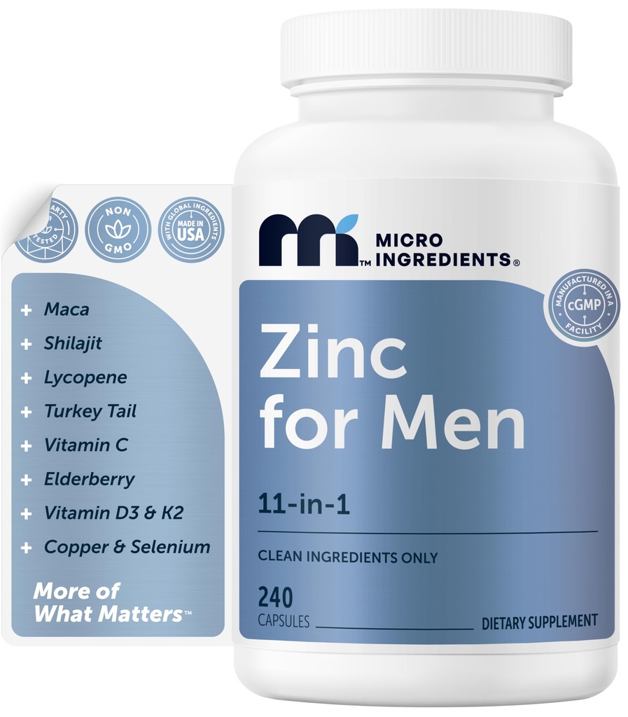 Micro Ingredients Zinc for Men 50 mg Per Serving, 240 Capsules | 11-in-1 Chelated Zinc Picolinate with Shilajit, Maca, Lycopene, Vitamin C, D3K2, Selenium & Copper | Filler Free & Gluten Free Non-GMO