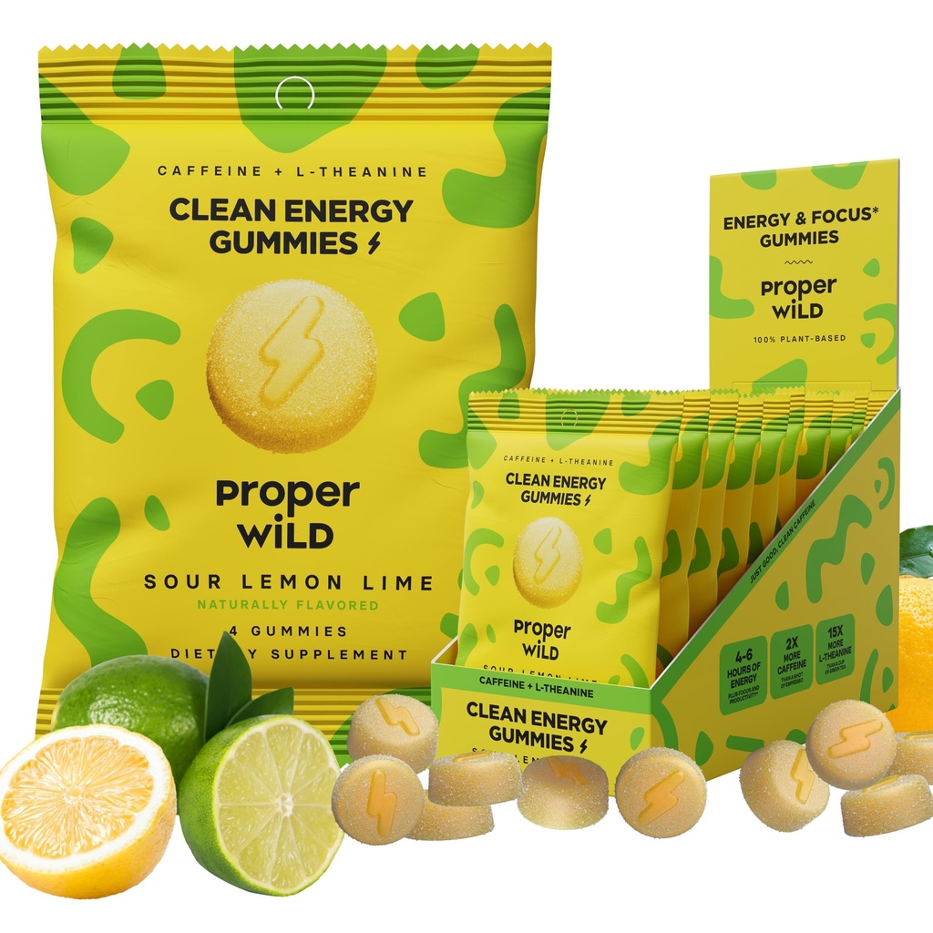 Proper Wild Energy Chews & Gummies for Focus & Clean Energy, Vegan with L-Theanine & Organic Caffeine, Plant-Based, Gluten-Free, Non-GMO, Sour Lemon Lime (10-Pack)