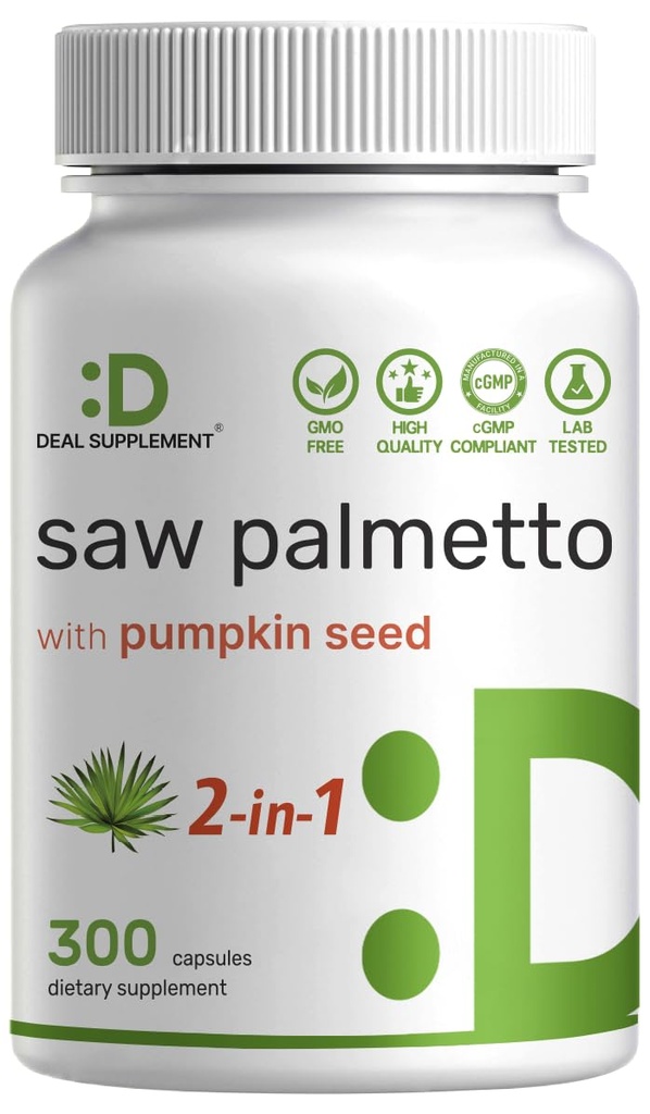 Saw Palmetto Supplement with Pumpkin Seed, 300 Capsules | Promotes Prostate Health | DHT Blocker | Hair Growth Vitamins, Maintain Normal Urinary Frequency