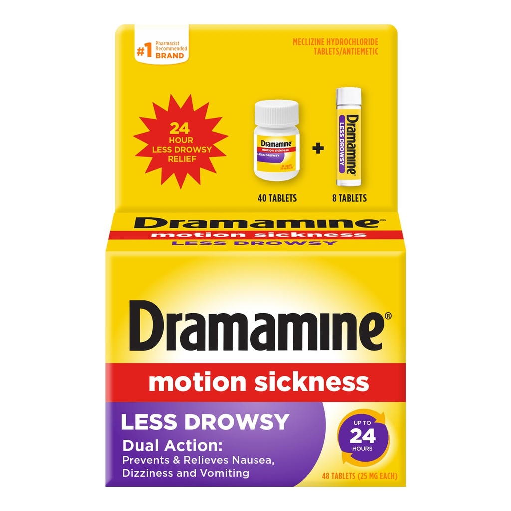 Dramamine Motion Sickness Less Drowsy, for Nausea Relief During Travel, 48 Count