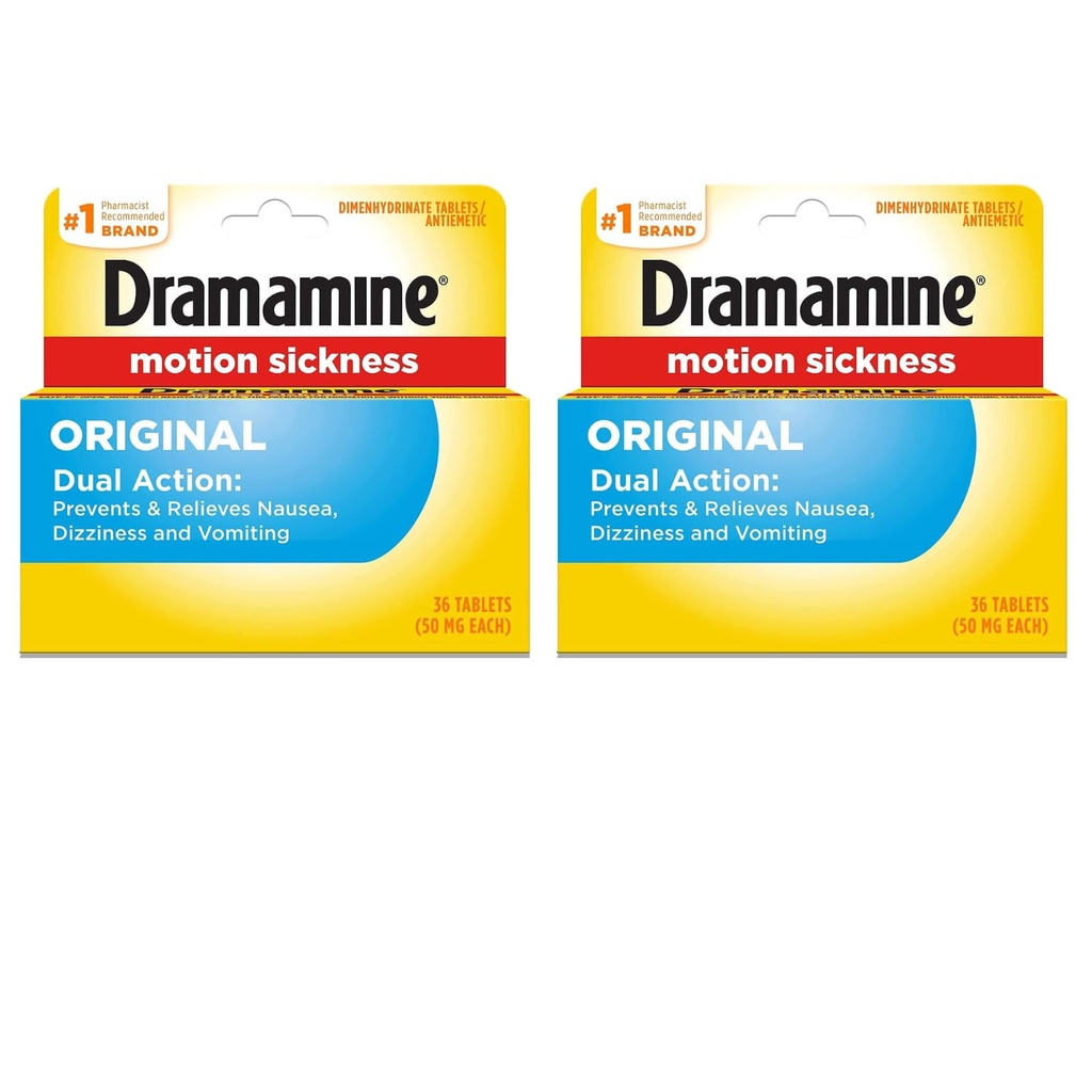 Dramamine Motion Sickness Relief, Original Formula, Dual Action Tablets, Prevents and Relieves Nausea Dizziness and Vomiting, 50 mg, 36 Count (Pack of 2)
