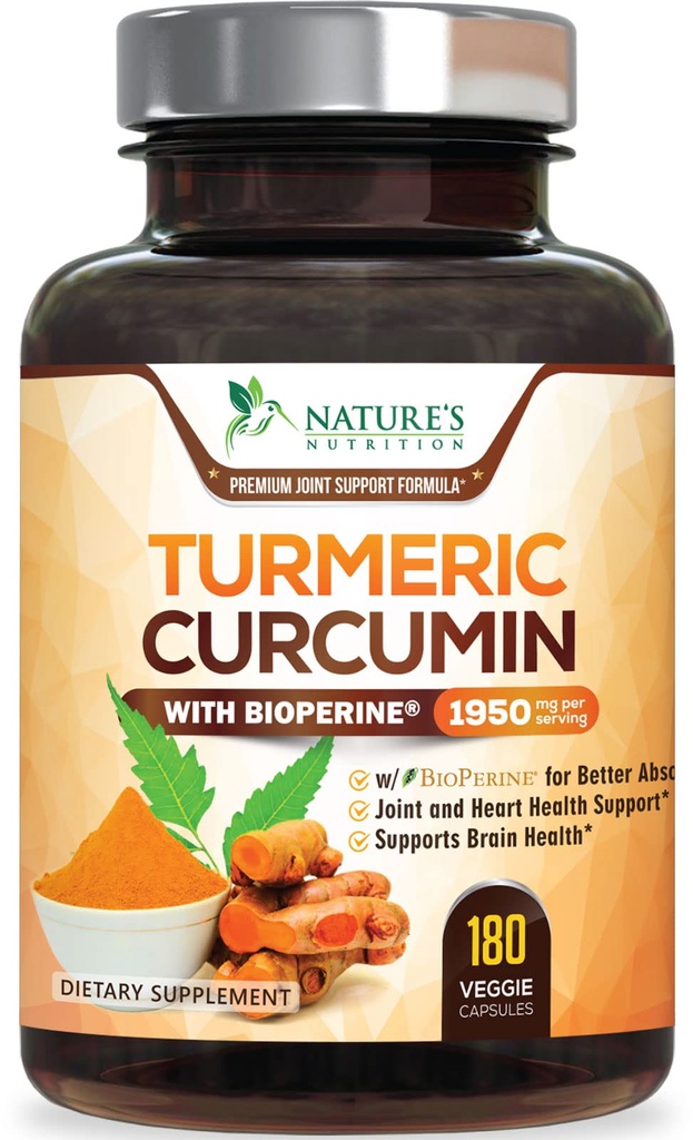 Turmeric Curcumin Supplement - 95% Curcuminoids with Organic Turmeric & BioPerine Black Pepper for Best Absorption - Daily Joint & Immune Health Support, Vegan, Non-GMO, Bottled in USA - 180 Capsules