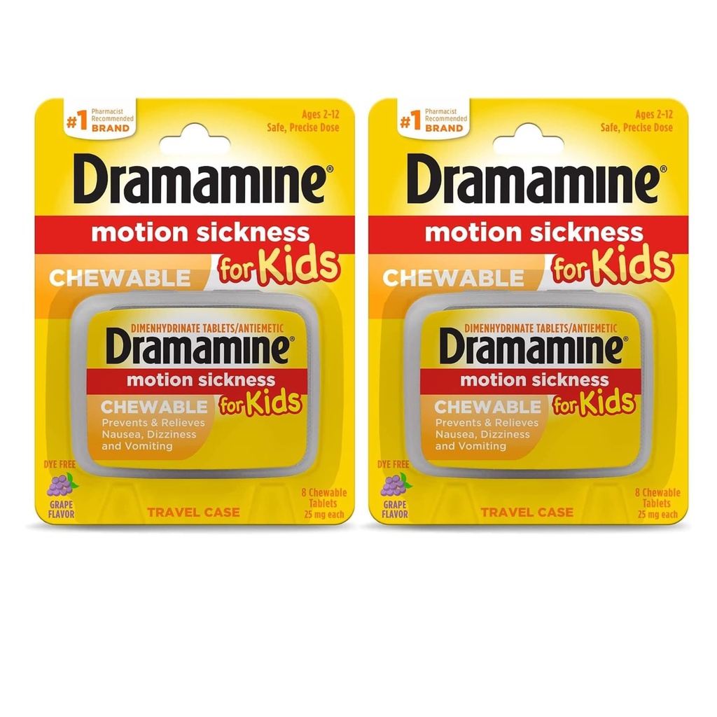 Dramamine Motion Sickness Relief for Kids, Children’s Chewable Tablets, Grape Flavor, Prevents Nausea Dizziness Vomiting, Travel Case Included, Fast Acting, 8 Count (Pack of 2)