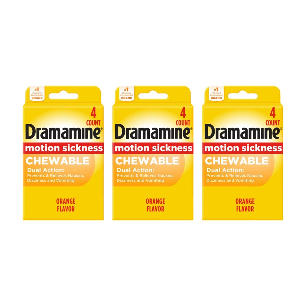 Dramamine Motion Sickness Relief, Chewable, Prevents and Relieves Nausea, Dizziness & Vomiting, Orange Flavor, 4 Count (Travel & Trial Size) (Pack of 3)