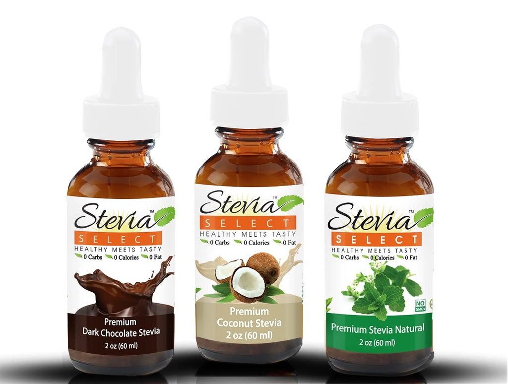Stevia Drops Coconut, Plain Natural, & Dark Chocolate Stevia Select Keto Coffee Sugar-Free Stevia Flavors Bundle (3) Pack