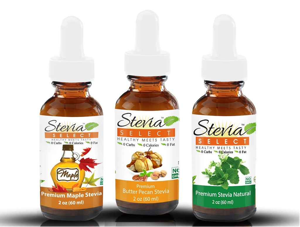 Stevia Drops Butter Pecan, Plain Natural, & Maple Stevia Select Keto Coffee Sugar-Free Stevia Flavors Bundle (3) Pack