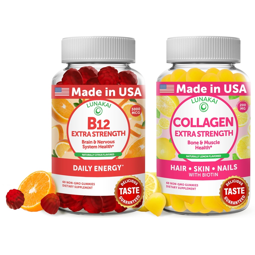 Lunakai Vitamin B12 and Collagen Gummies Bundle - 3000 mcg Methylcobalamin High Absorption Energy Gummies - Non-GMO Anti Aging Supplements for Men & Women - 30 Days Supply