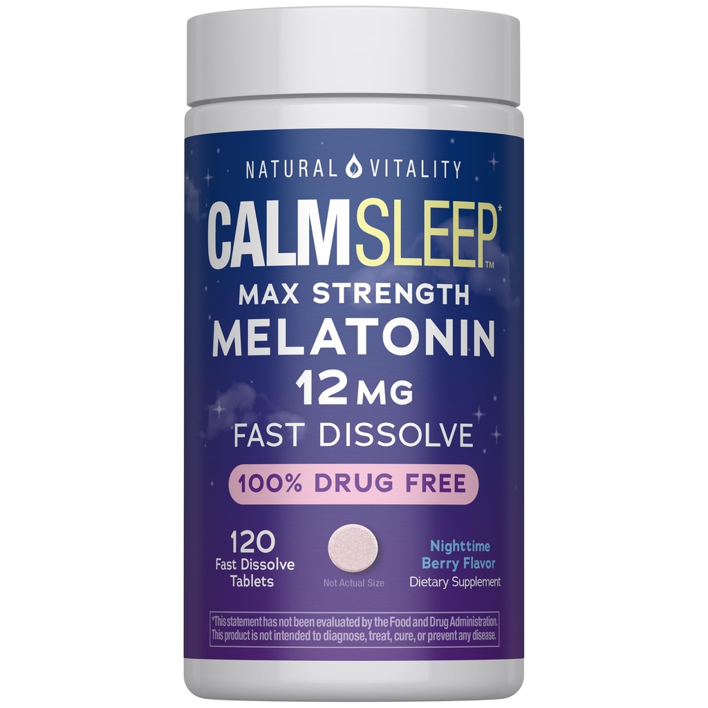 Natural Vitality Calm Sleep Melatonin 12mg Fast Dissolve Tablets | Max Strength Supplement | Nighttime Berry Flavor | 100% Drug Free | 120 Count