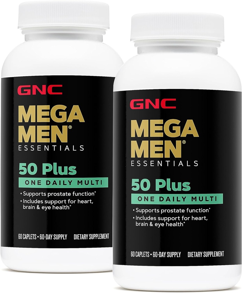 GNC Mega Hommes 50 Plus Un Multivitamine quotidien, Twin Pack, 60 Caplets par bouteille, soutient la santé du coeur, du cerveau et des yeux