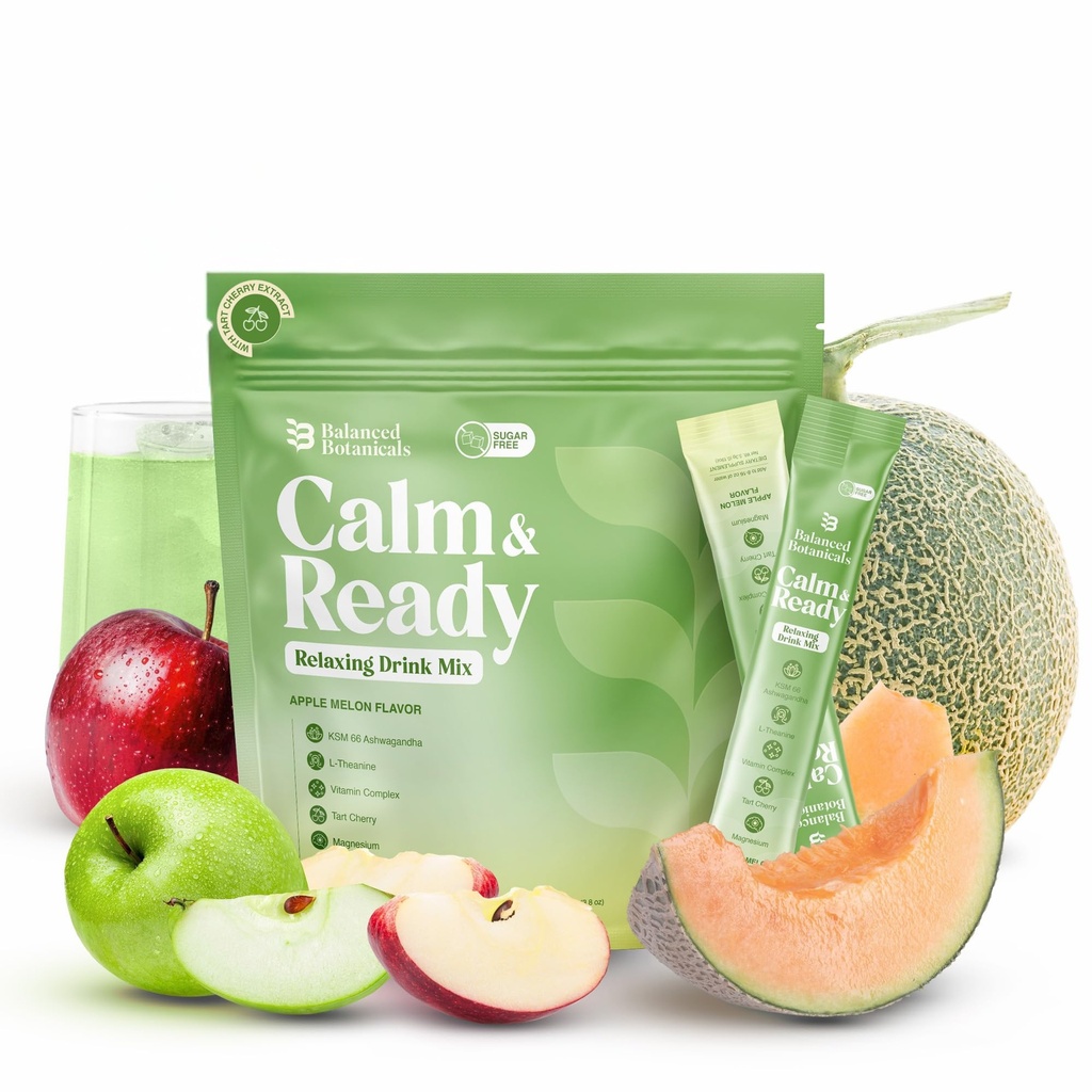 Calm and Ready Powder Mix, Cortisol Reducer*, Sleep & Relaxation Aid, Magnesium Glycinate, Ashwagandha KSM-66, L-Theanine, Tart Cherry, Sugar Free, 20 Packets, Apple Melon
