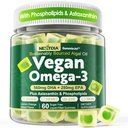 Vegan Omega 3 Gummies + Phospholipids, Astaxanthin, Vitamin D3, DHA 560mg & EPA 280mg, Fish-Free Algae Omega 3 Supplement for Adults & Kids for Brain, Eye, Skin and Overall Health, Sugar Free, 60 Cts