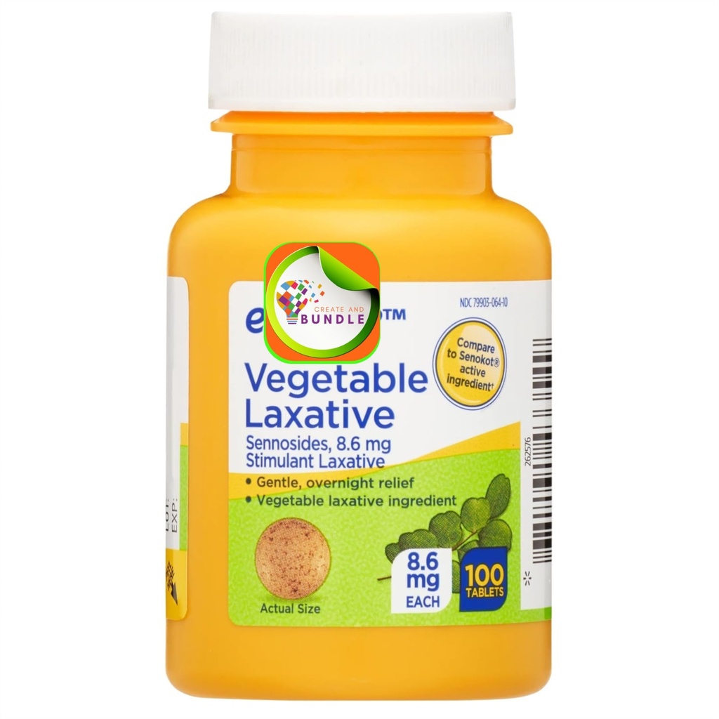 Equate Natural Vegetable Laxative Sennosides Tablets - 100 Count - Gentle, Overnight Constipation Relief, Supports Digestive Health + CreateAndBundle Sticker