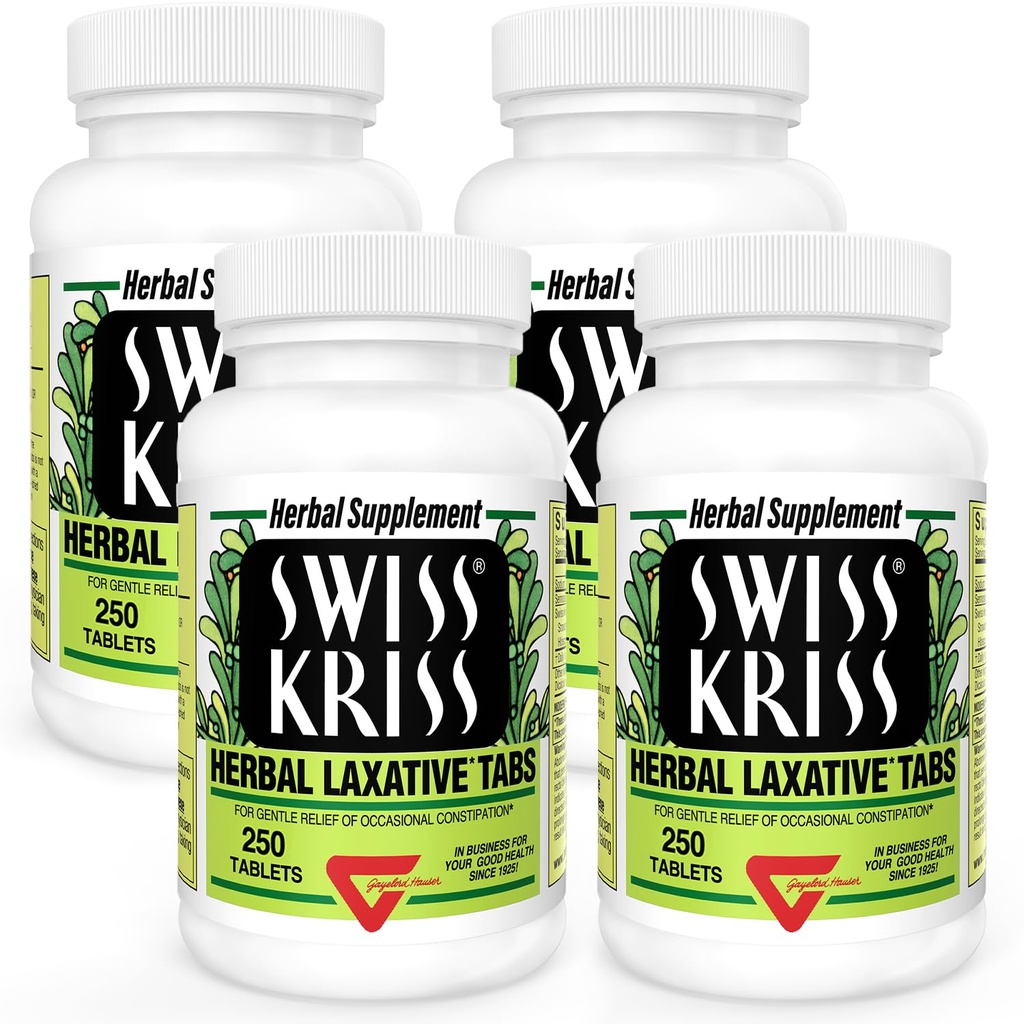 Swiss Kriss Herbal Laxative Tablets 4-Pack, Senna for Constipation Relief, Fast-Acting Herbal Blend, 250 Tabs