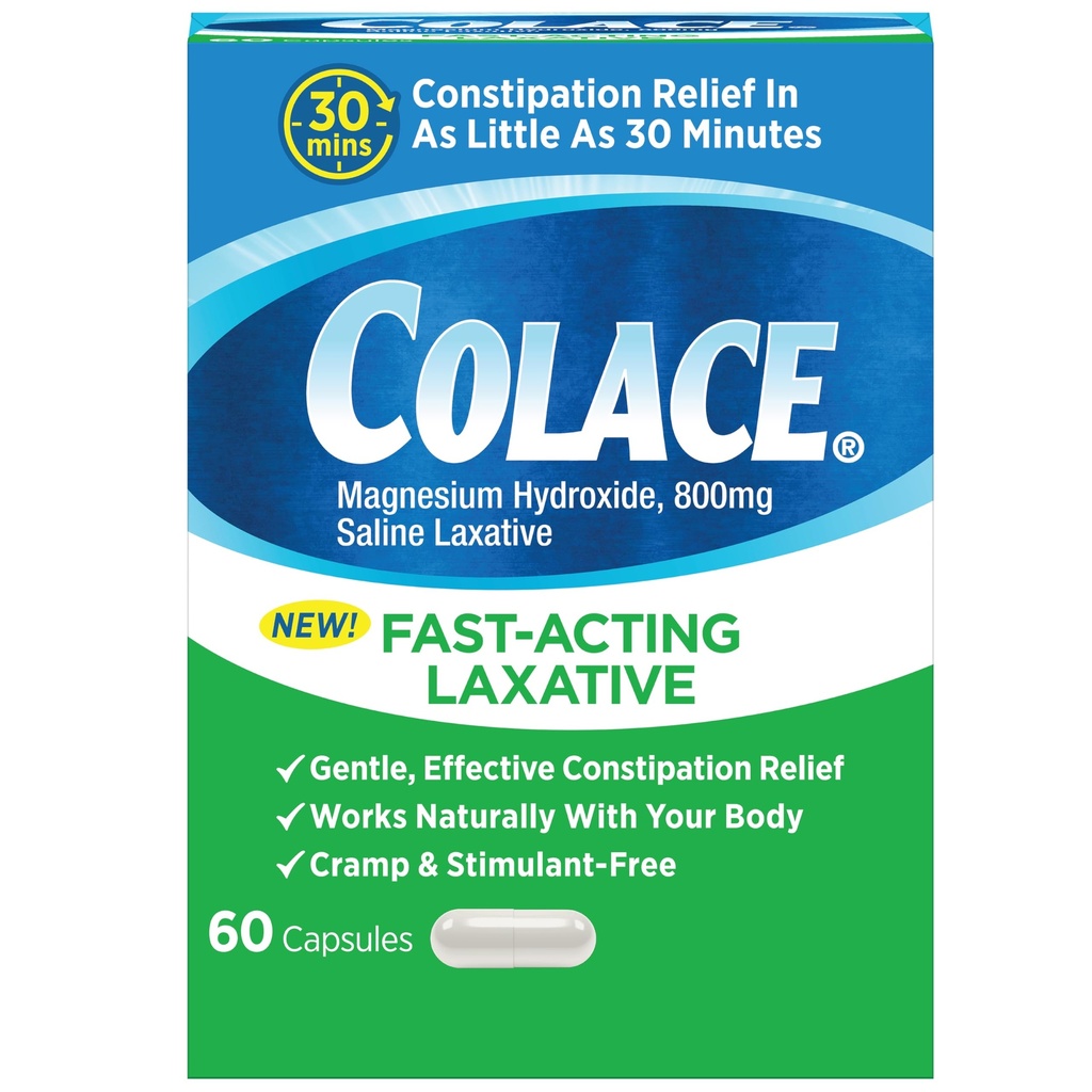 Colace Saline Laxative 60 Capsules Fast Acting Gentle Constipation Relief for Adults, Gentle Magnesium Hydroxide Formula, Non-Stimulant Laxative, Severe Constipation Relief