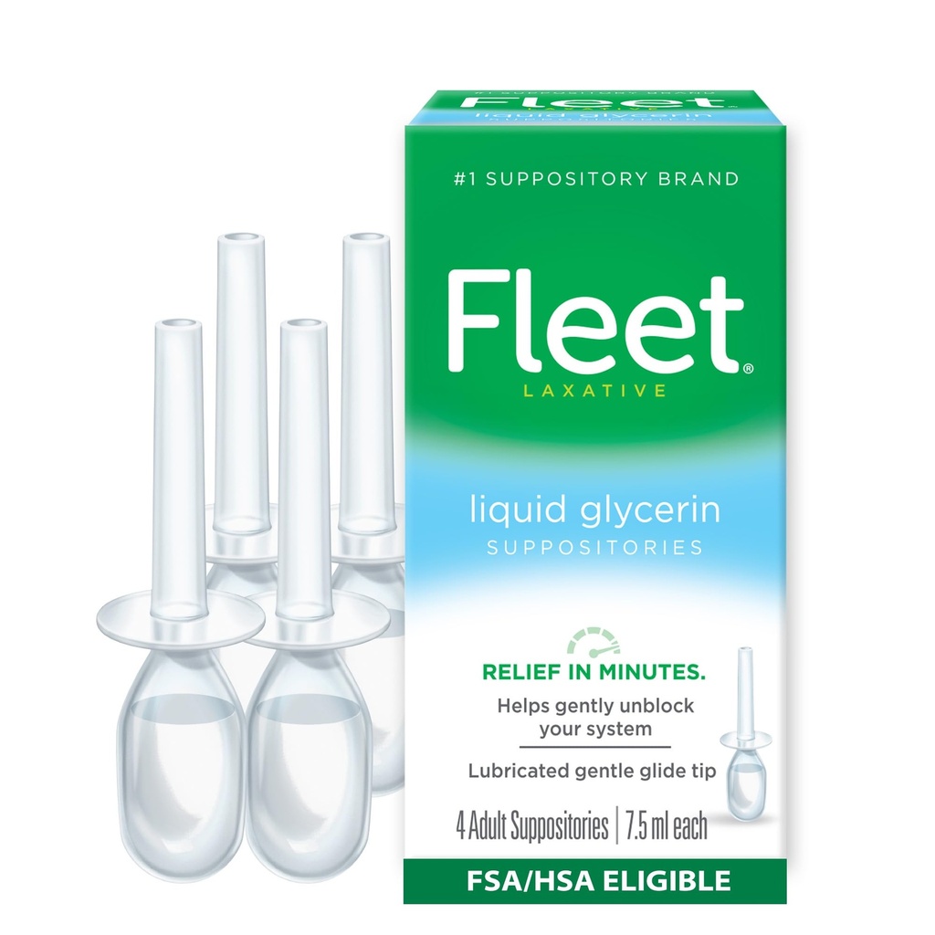 Fleet Liquid Glycerin Suppositories for Constipation Relief, Fast and Effective Stimulant-free Laxative, 4 Bottles per Pack, 7.5 mL Each
