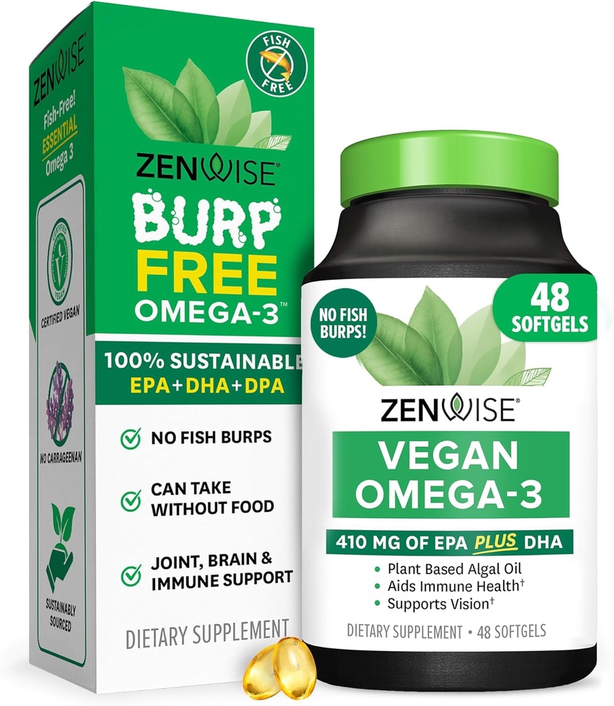 Zenwise Health Vegan Omega 3 Supplement - Burpless Omega 3 Supplement with DHA, EPA & DPA Fatty Acids for Immune Health - Fish Oil Alternative from Sustainable Sourced Marine Algae Oil - 48 Softgels