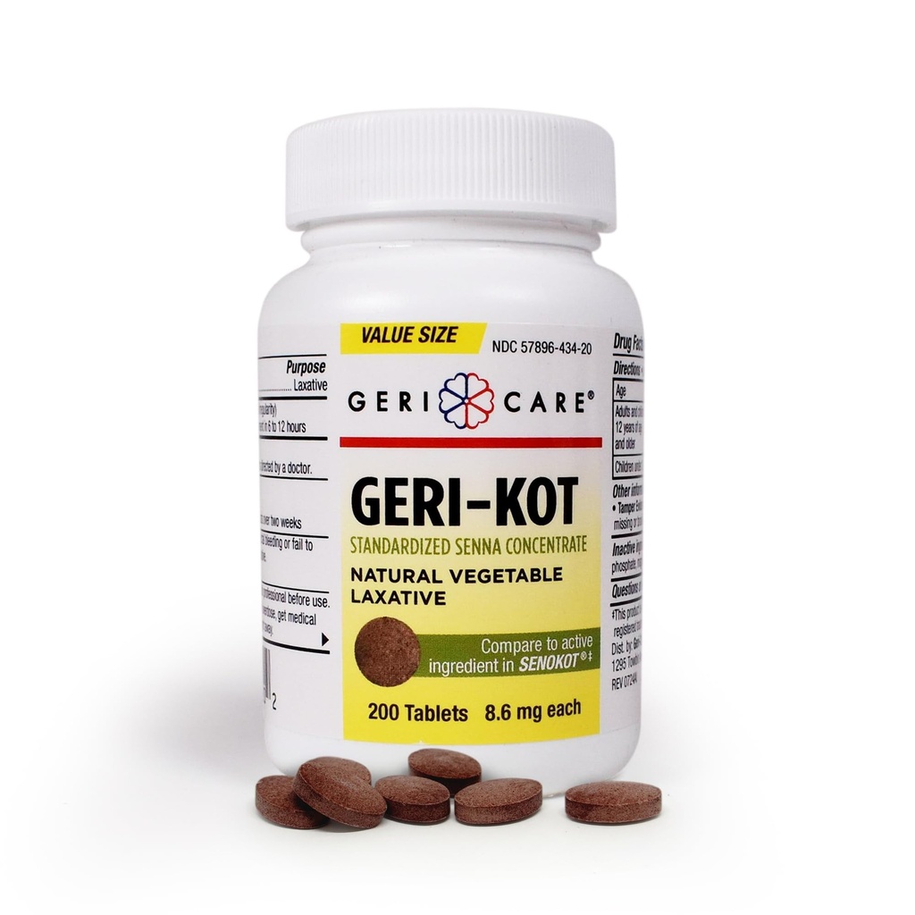 Geri-KOT Senna Laxative & Stool Softener Tablets, 200ct| Natural Vegetable Stimulant Laxative| Smooth Bowel Movement Senna Tablets| Fast-Acting, Gentle Constipation Relief| 8.6mg Sennosides