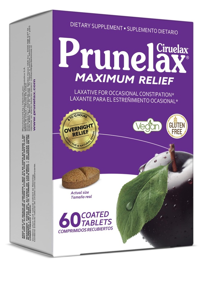 Prunelax Ciruelax Maximum Relief Laxative Tablets with Natural Senna for Occasional Constipation, Senna Extract, Vegan & Gluten-Free, Gentle Overnight Relief - 60ct (Pack of 5)