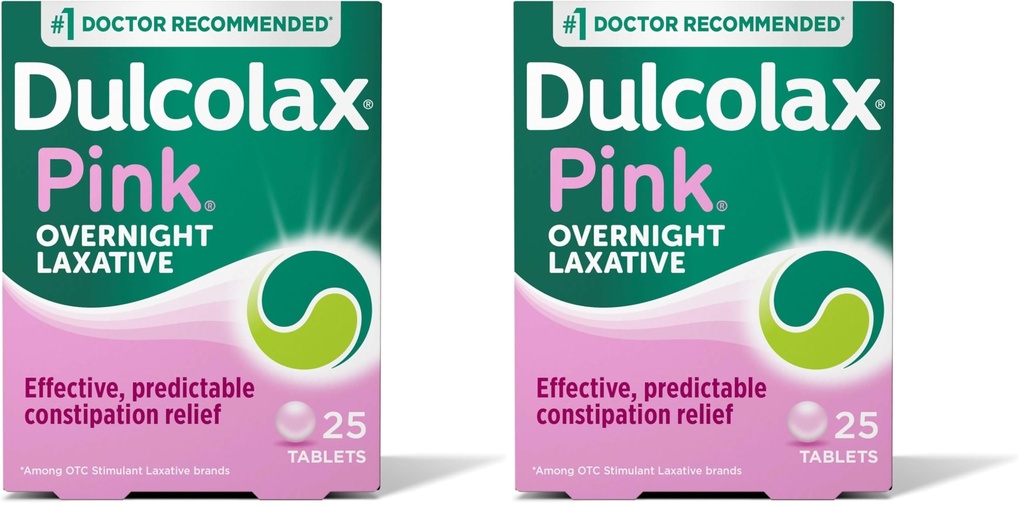 Dulcolax Pink Stimulant Laxative Tablets, Overnight Laxative, Predictable & Effective Constipation Relief, Relieves Straining & Bloating, Bisacodyl 5 mg, 25 Count (Pack of 2)