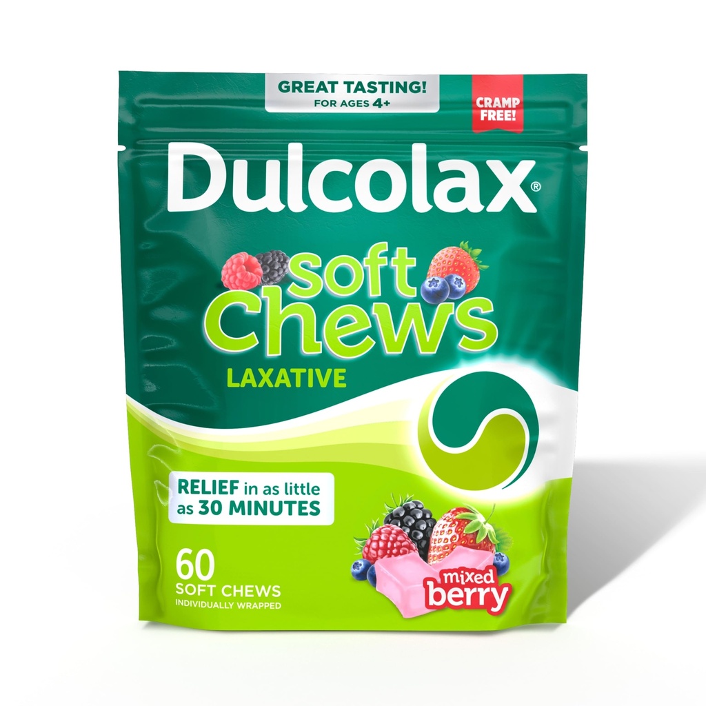 Dulcolax Saline Laxative Soft Chews, Gentle Constipation Relief, Mixed Berry Flavor, Magnesium Hydroxide 1200 mg, 60 Count (Pack of 12)