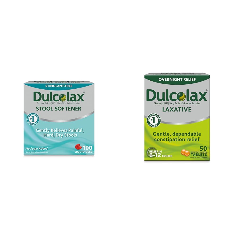 Dulcolax Stool Softener Laxative Liquid Gel Capsules (100ct) for Gentle Relief, Docusate Sodium 100mg & Overnight Relief Laxative for Gentle Constipation Relief, Bisacodyl 5 mg Tablets, 50 Count
