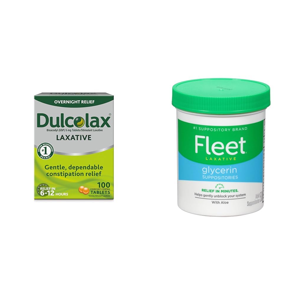 Dulcolax Stimulant Laxative Tablets (100 Count) Gentle Overnight Constipation Relief & Fleet Laxative Glycerin Suppositories for Adult Constipation, Adult Laxative Jar Aloe Vera, 50 Count